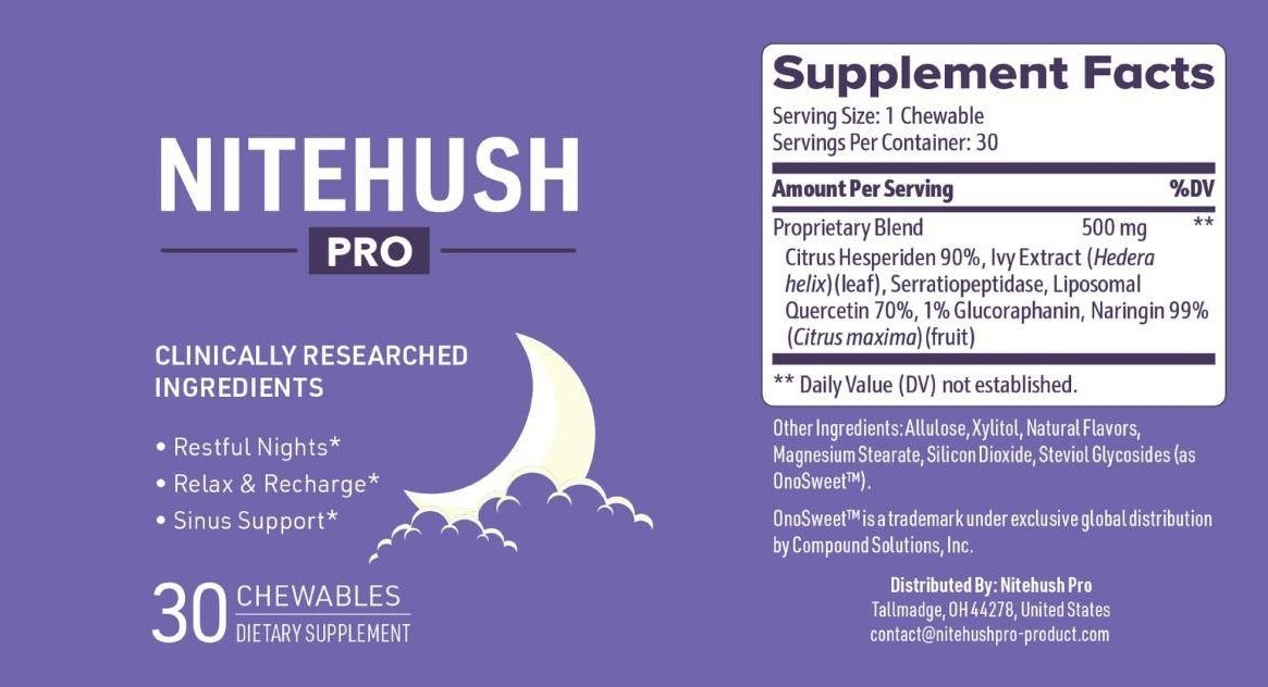 NiteHush Pro product label and directions